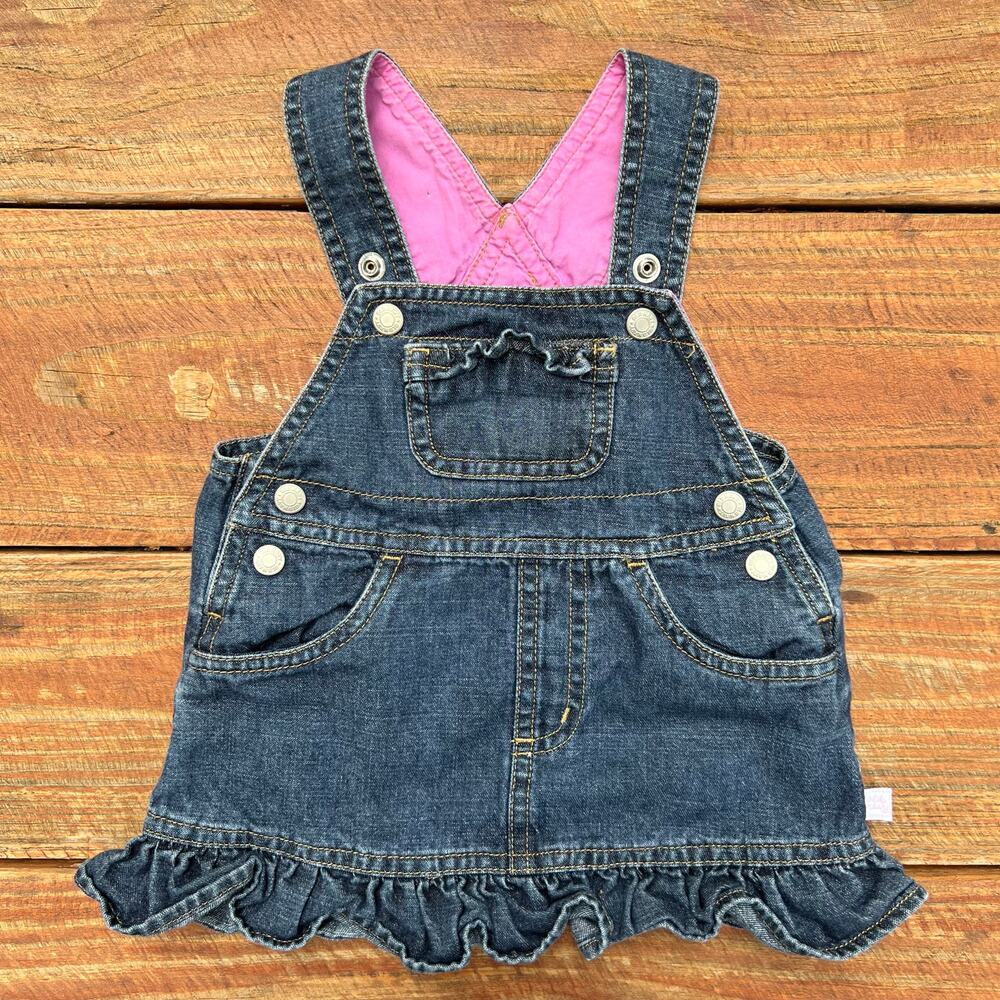 Baby Denim Overall Dress 3-6M Vintage Y2K Ruffle Hem Pink Lined Easter Outfit